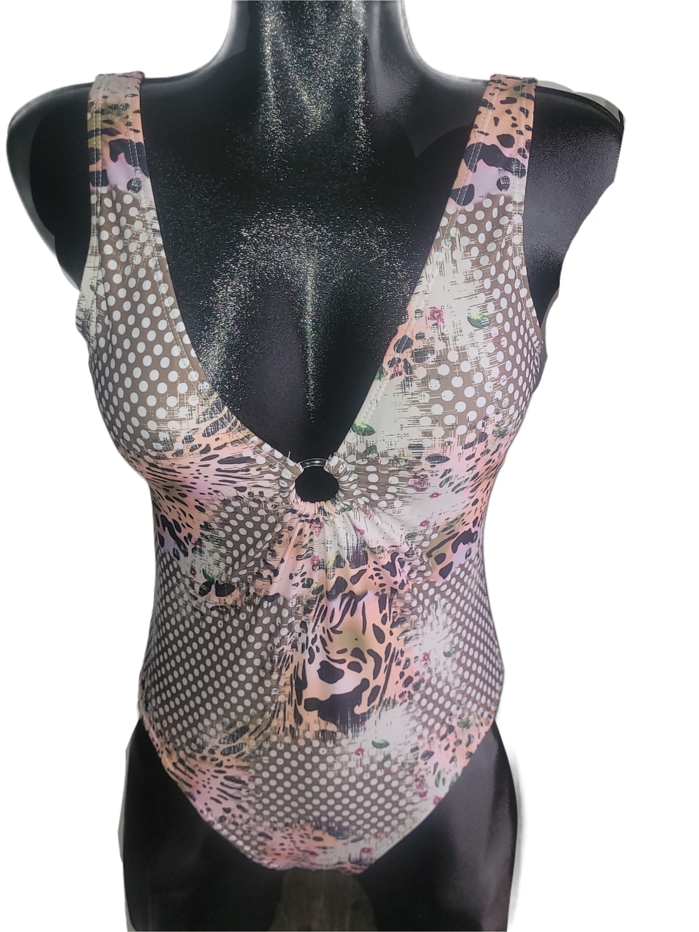 Emme Jordan Polka Dot & Leopard Print One-Piece Swimsuit in Pink and Taupe M